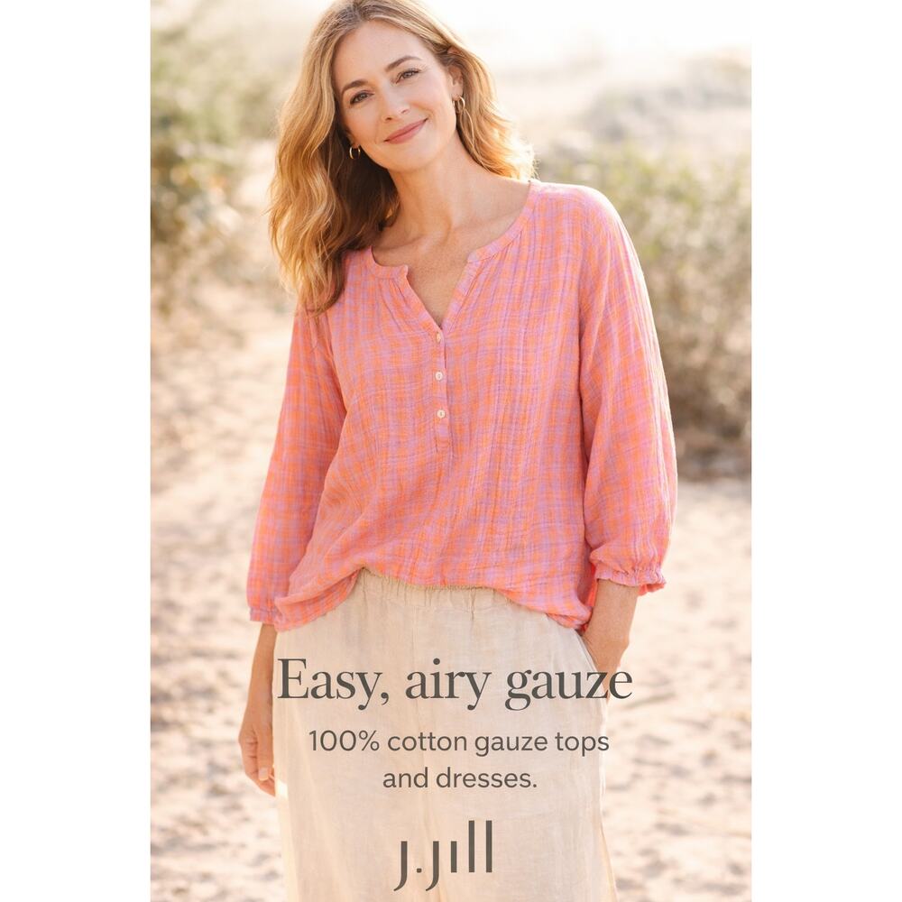 J.Jill Textured Cotton Gauze Top Medium Pink Orange Boho Blouse